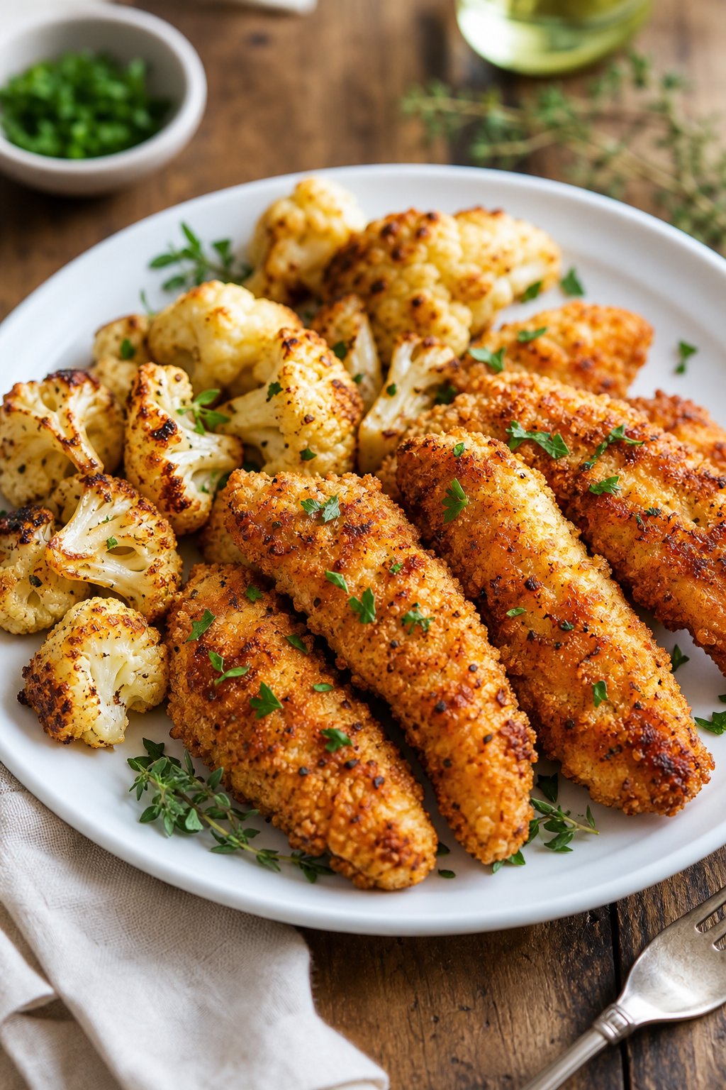 23 Healthy Chicken and Vegetable Recipes That Taste Amazing and Are Easy to Make! 10 A plate of crispy baked chicken tenders served with roasted cauliflower and garnished with fresh herbs.