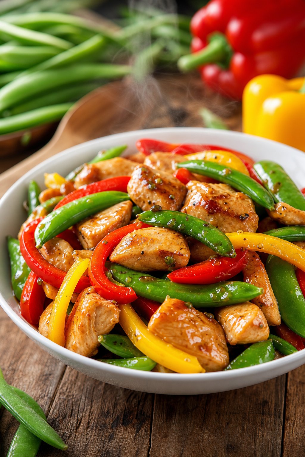 23 Healthy Chicken and Vegetable Recipes That Taste Amazing and Are Easy to Make! 11 A bowl of stir-fry chicken with snap peas and red and yellow bell peppers on a wooden table.