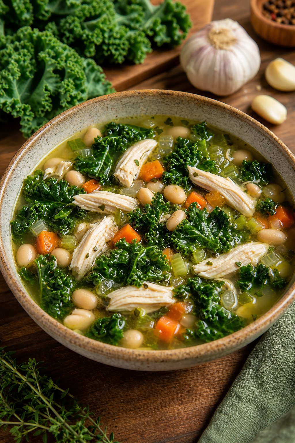 23 Healthy Chicken and Vegetable Recipes That Taste Amazing and Are Easy to Make! 12 A bowl of chicken, kale, and white bean soup on a wooden table with fresh ingredients around it.