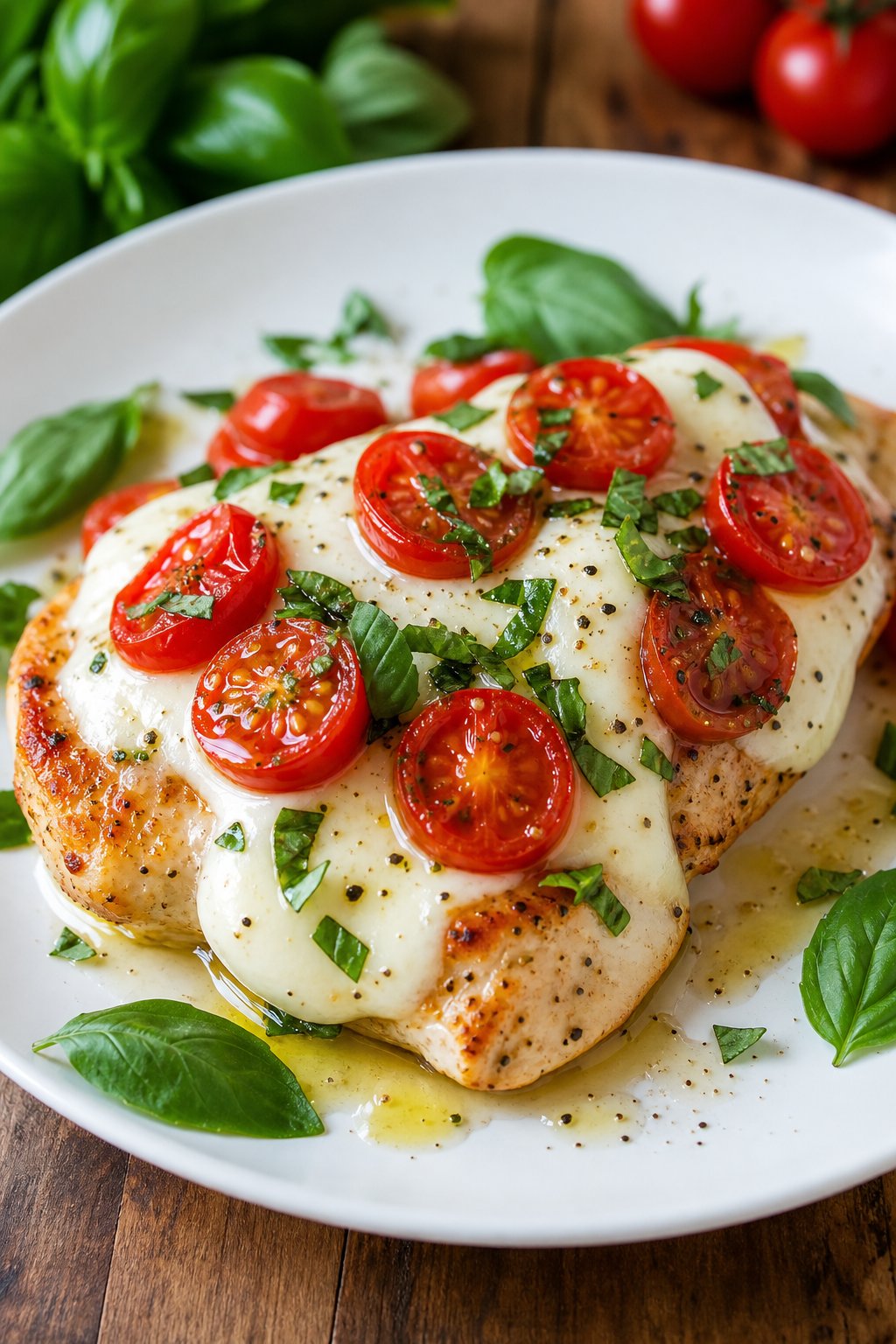 23 Healthy Chicken and Vegetable Recipes That Taste Amazing and Are Easy to Make! 13 A plate of Caprese chicken topped with melted mozzarella, cherry tomatoes, and fresh basil on a wooden table.