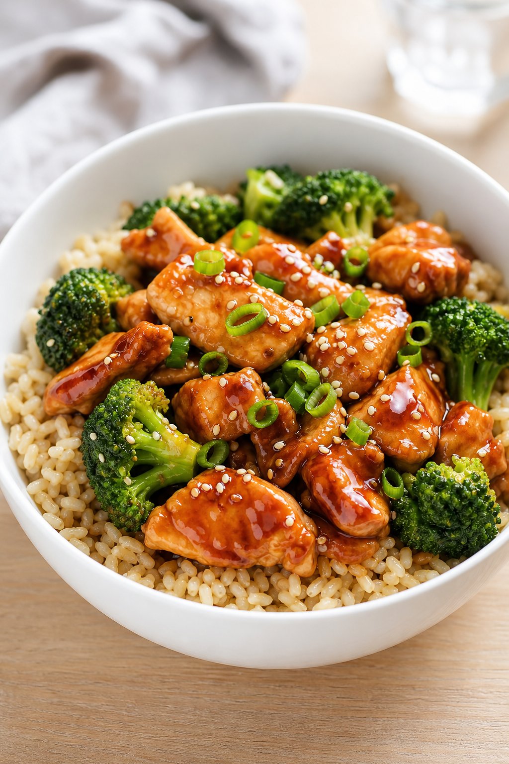 23 Healthy Chicken and Vegetable Recipes That Taste Amazing and Are Easy to Make! 14 A bowl of teriyaki chicken with broccoli and brown rice on a wooden surface.