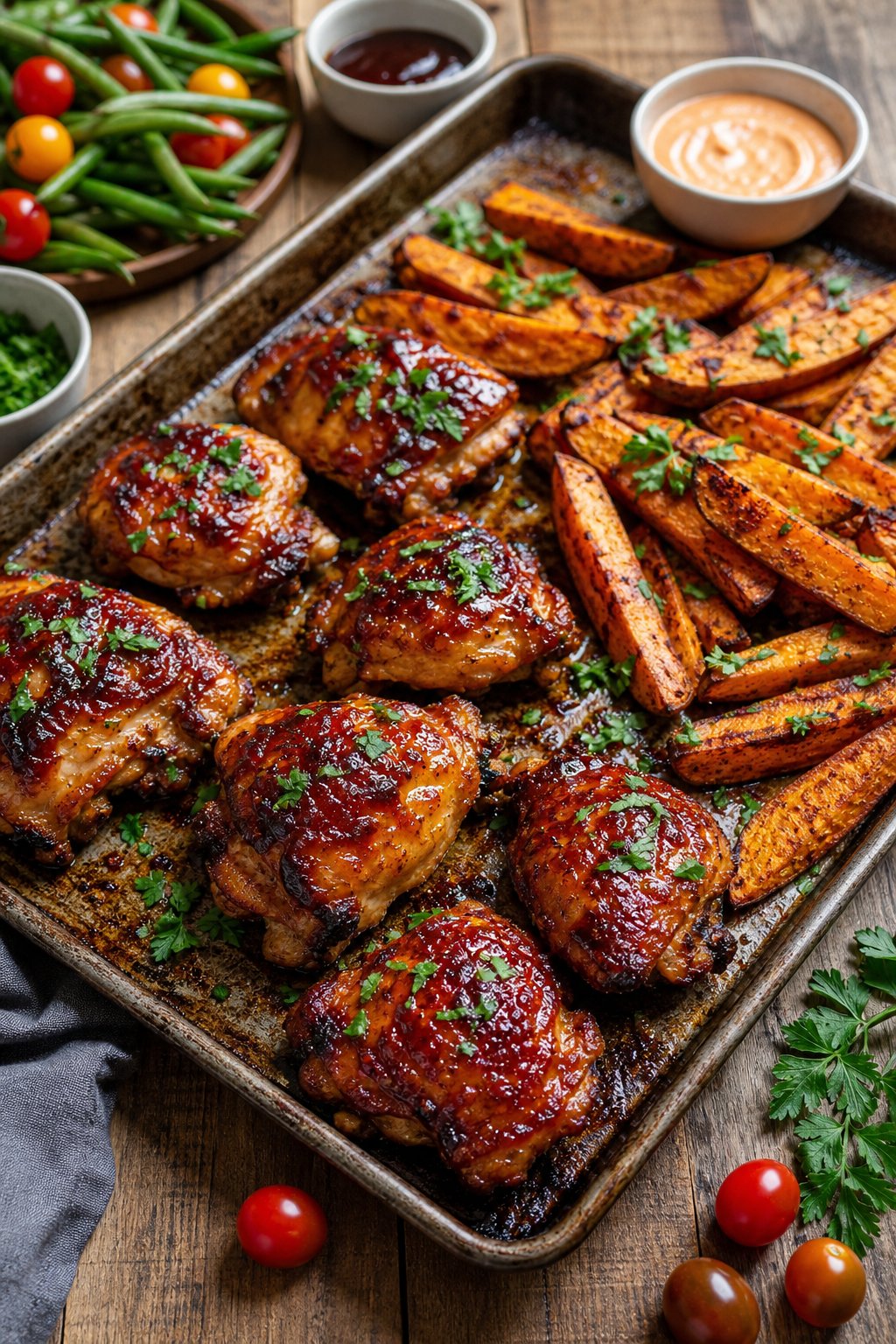 23 Healthy Chicken and Vegetable Recipes That Taste Amazing and Are Easy to Make! 15 A sheet pan with BBQ chicken and golden sweet potato wedges on a wooden table, surrounded by fresh vegetables and dipping sauces.