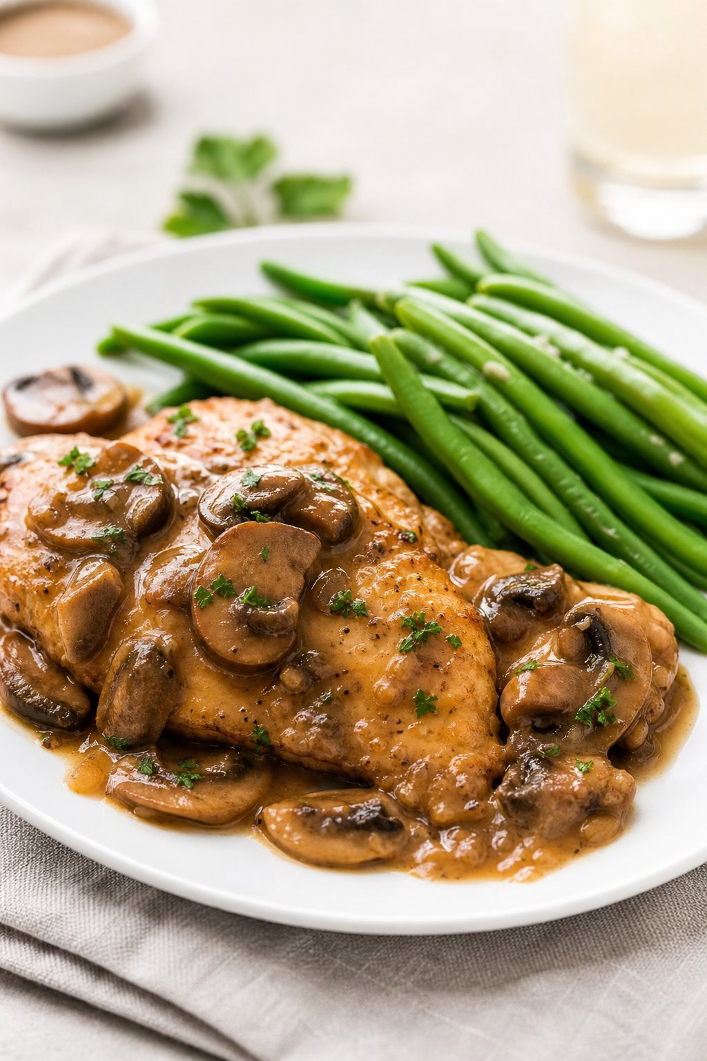 23 Healthy Chicken and Vegetable Recipes That Taste Amazing and Are Easy to Make! 16 Plate of chicken with mushroom sauce served with steamed green beans on a table.