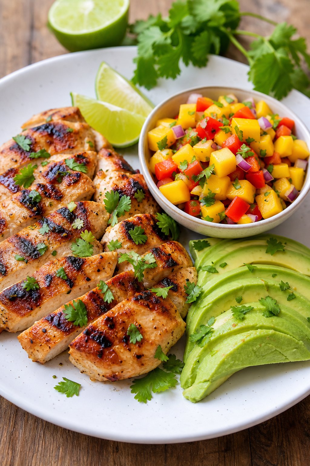 23 Healthy Chicken and Vegetable Recipes That Taste Amazing and Are Easy to Make! 17 A plate with grilled chicken, mango salsa, and sliced avocado on a wooden table.