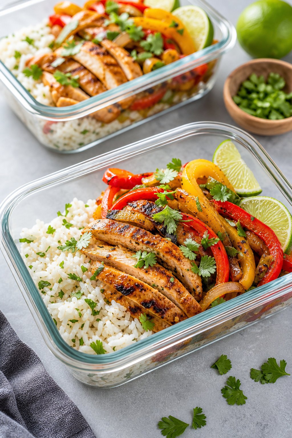 23 Healthy Chicken and Vegetable Recipes That Taste Amazing and Are Easy to Make! 18 Meal-prep bowls filled with grilled chicken strips, sautéed bell peppers, onions, rice, and garnished with cilantro and lime wedges.