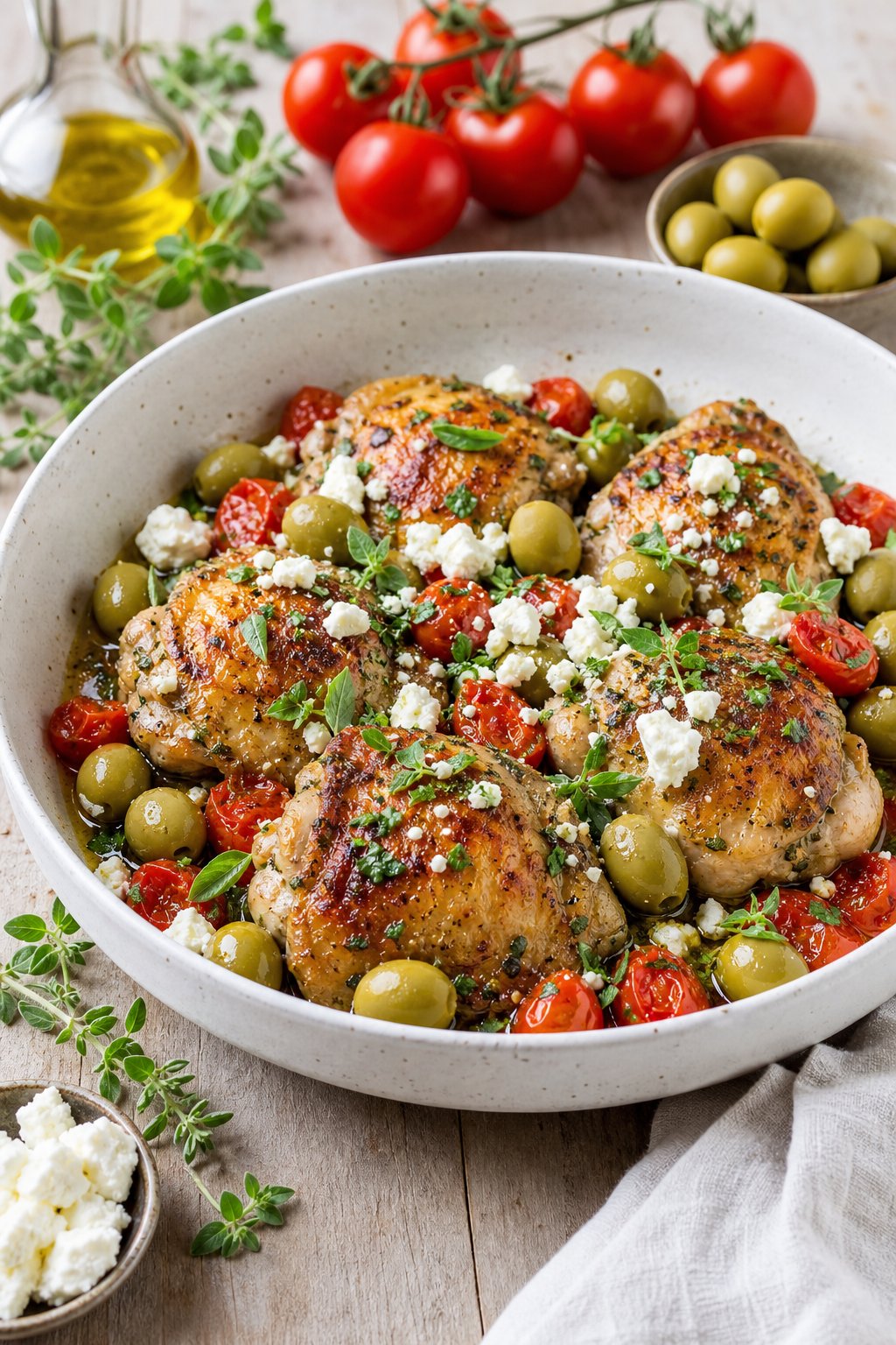23 Healthy Chicken and Vegetable Recipes That Taste Amazing and Are Easy to Make! 19 A bowl of Mediterranean chicken with olives, tomatoes, and feta cheese garnished with fresh herbs on a wooden table.