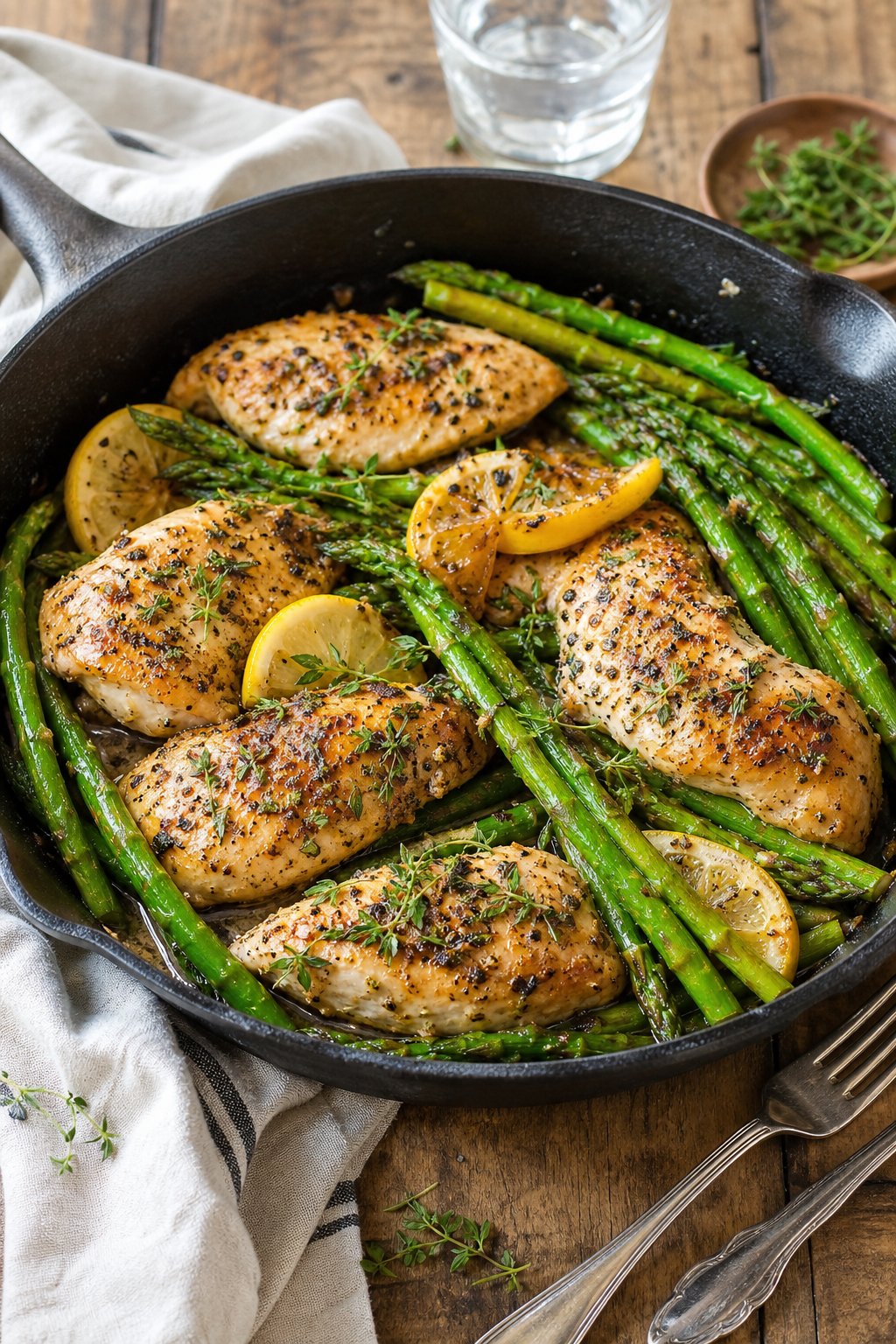23 Healthy Chicken and Vegetable Recipes That Taste Amazing and Are Easy to Make! 20 A skillet with lemon herb chicken and green asparagus on a wooden table.