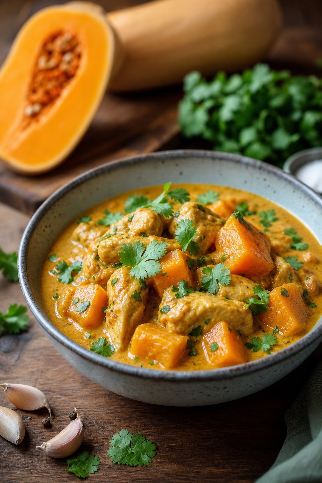 23 Healthy Chicken and Vegetable Recipes That Taste Amazing and Are Easy to Make! 21 A bowl of chicken and butternut squash curry garnished with cilantro on a wooden table with fresh ingredients around it.