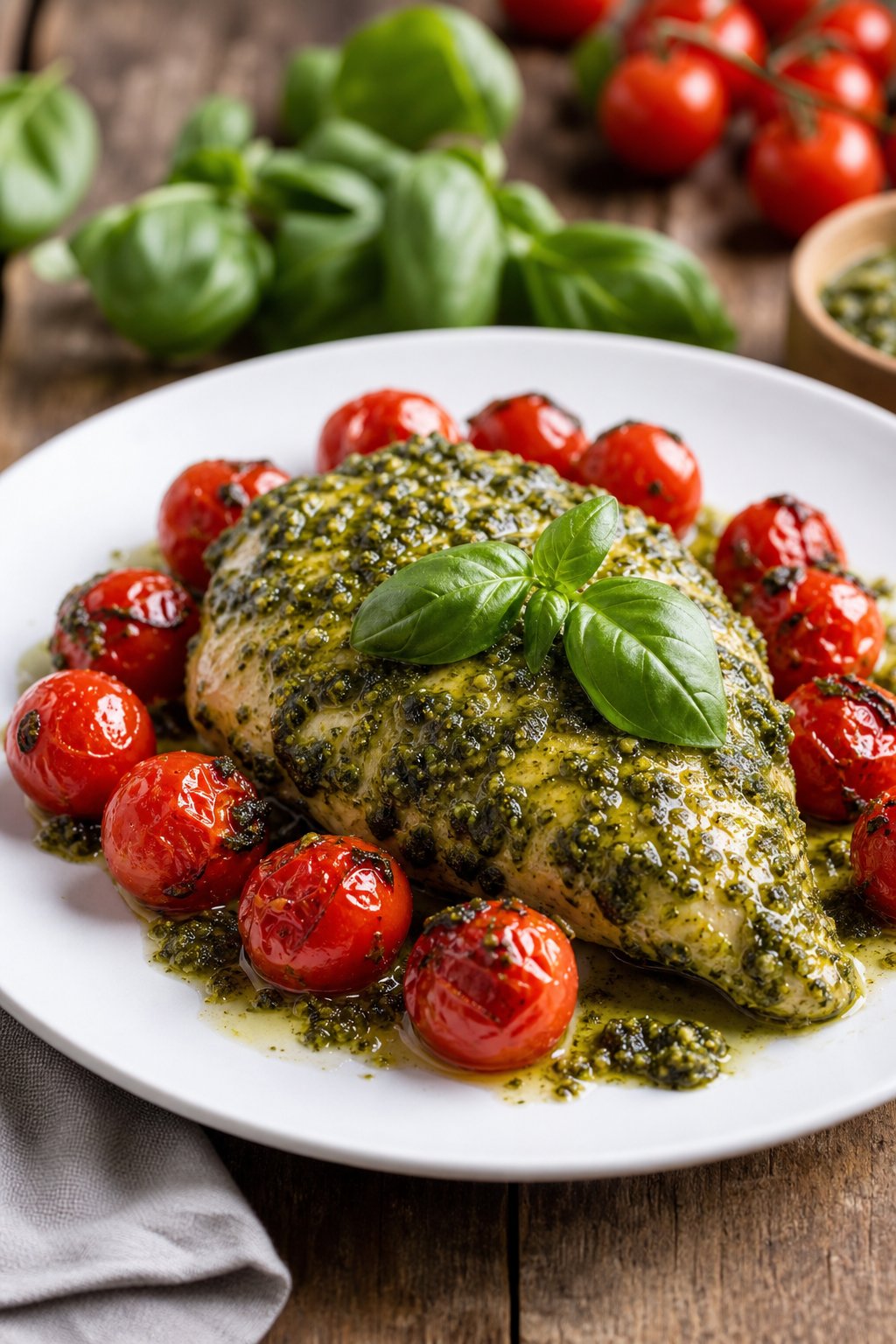 23 Healthy Chicken and Vegetable Recipes That Taste Amazing and Are Easy to Make! 22 A plate with pesto chicken and roasted cherry tomatoes on a wooden table.
