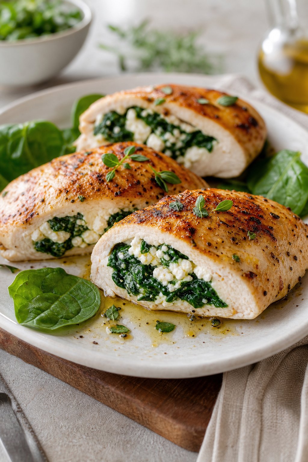 23 Healthy Chicken and Vegetable Recipes That Taste Amazing and Are Easy to Make! 23 A plate of sliced stuffed chicken breasts filled with spinach and feta, garnished with fresh spinach leaves.