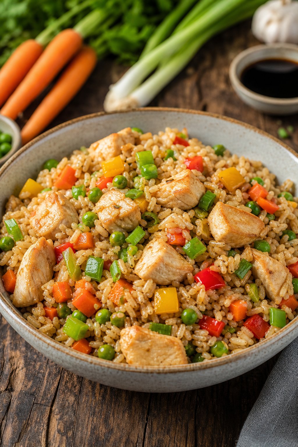 23 Healthy Chicken and Vegetable Recipes That Taste Amazing and Are Easy to Make! 24 A bowl of chicken and vegetable fried rice with brown rice on a wooden table, surrounded by fresh vegetables.