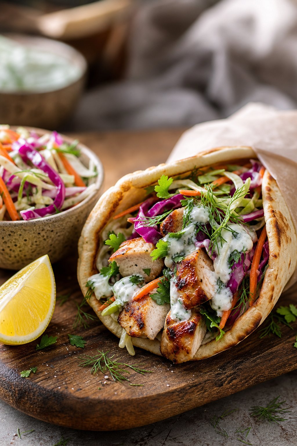23 Healthy Chicken and Vegetable Recipes That Taste Amazing and Are Easy to Make! 25 Close-up of a Greek yogurt marinated chicken gyro with cabbage slaw on a wooden board, accompanied by a small bowl of slaw and a lemon wedge.