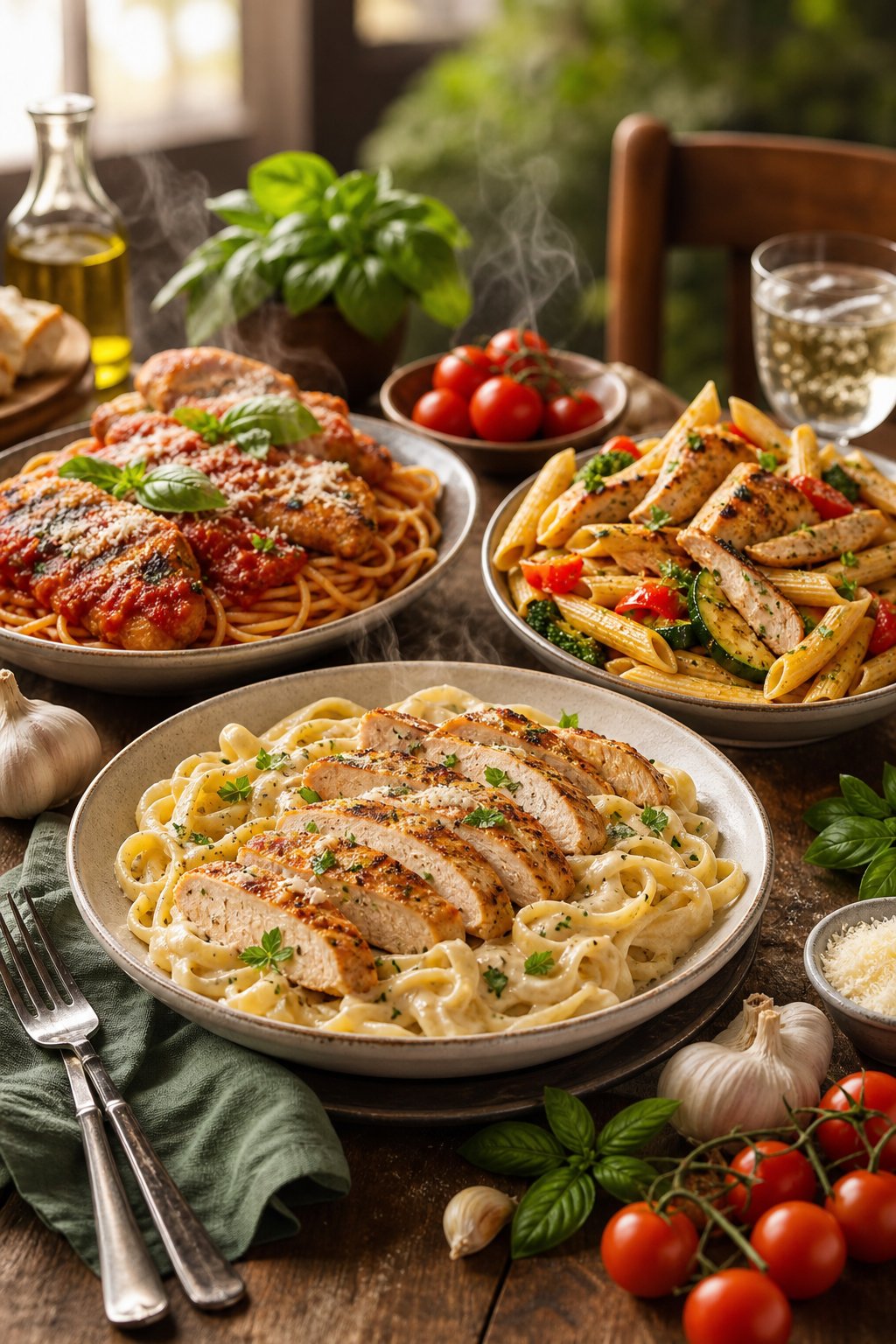 23 Pasta and Chicken Recipes You’ll Love to Make for Dinner! 2 A table set with plates of various pasta dishes topped with grilled and roasted chicken, surrounded by fresh ingredients and rustic tableware.