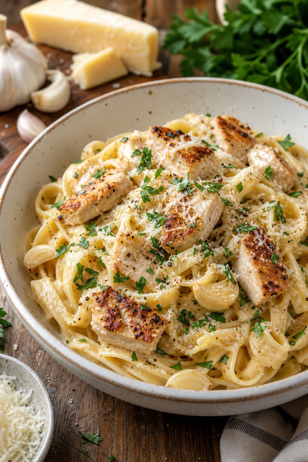 23 Pasta and Chicken Recipes You’ll Love to Make for Dinner! 3 A bowl of creamy garlic parmesan chicken pasta garnished with parsley and parmesan cheese on a wooden table.
