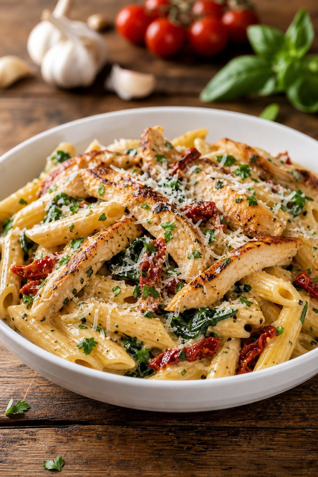 23 Pasta and Chicken Recipes You’ll Love to Make for Dinner! 4 A bowl of creamy Tuscan chicken penne pasta with spinach, sun-dried tomatoes, and grilled chicken on a wooden table.