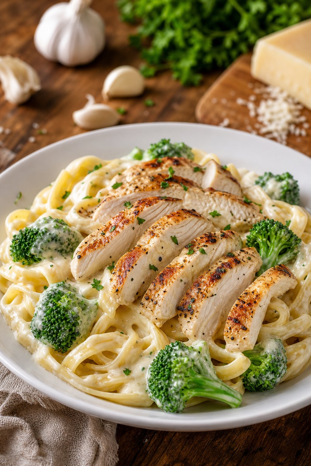 23 Pasta and Chicken Recipes You’ll Love to Make for Dinner! 5 A plate of chicken Alfredo pasta topped with broccoli on a wooden table.