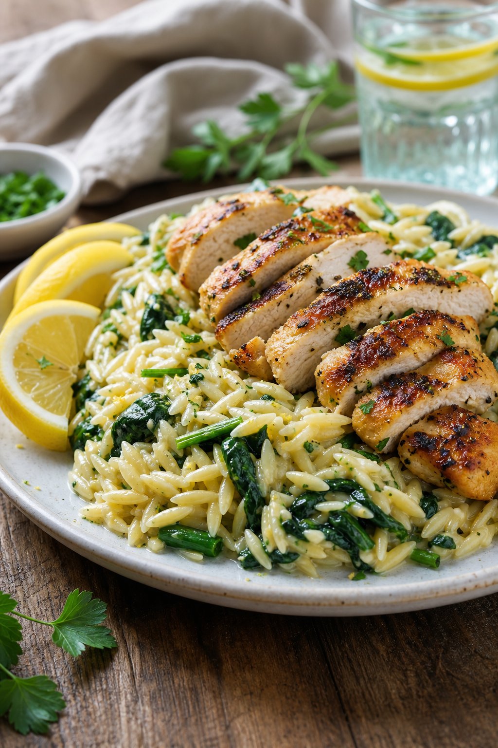 23 Pasta and Chicken Recipes You’ll Love to Make for Dinner! 6 A plate of lemon chicken served over orzo pasta with spinach on a wooden table, garnished with lemon wedges and fresh herbs.