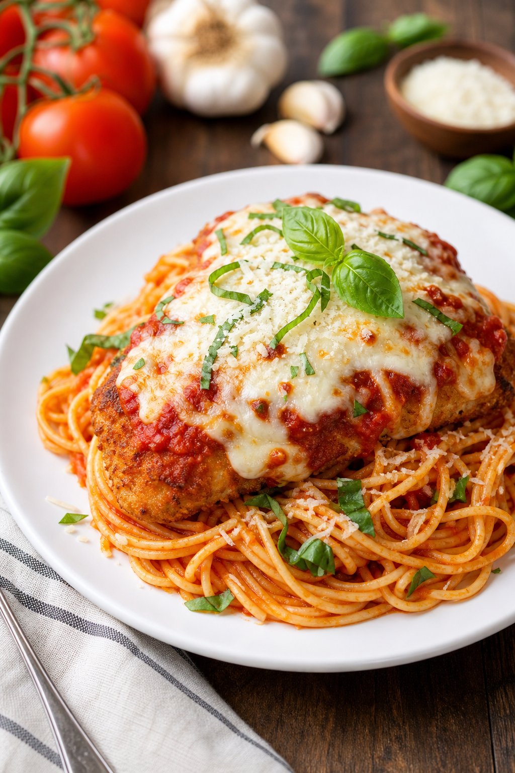 23 Pasta and Chicken Recipes You’ll Love to Make for Dinner! 7 A plate of baked chicken parmesan with melted cheese and marinara sauce served over spaghetti pasta, garnished with basil and Parmesan cheese.