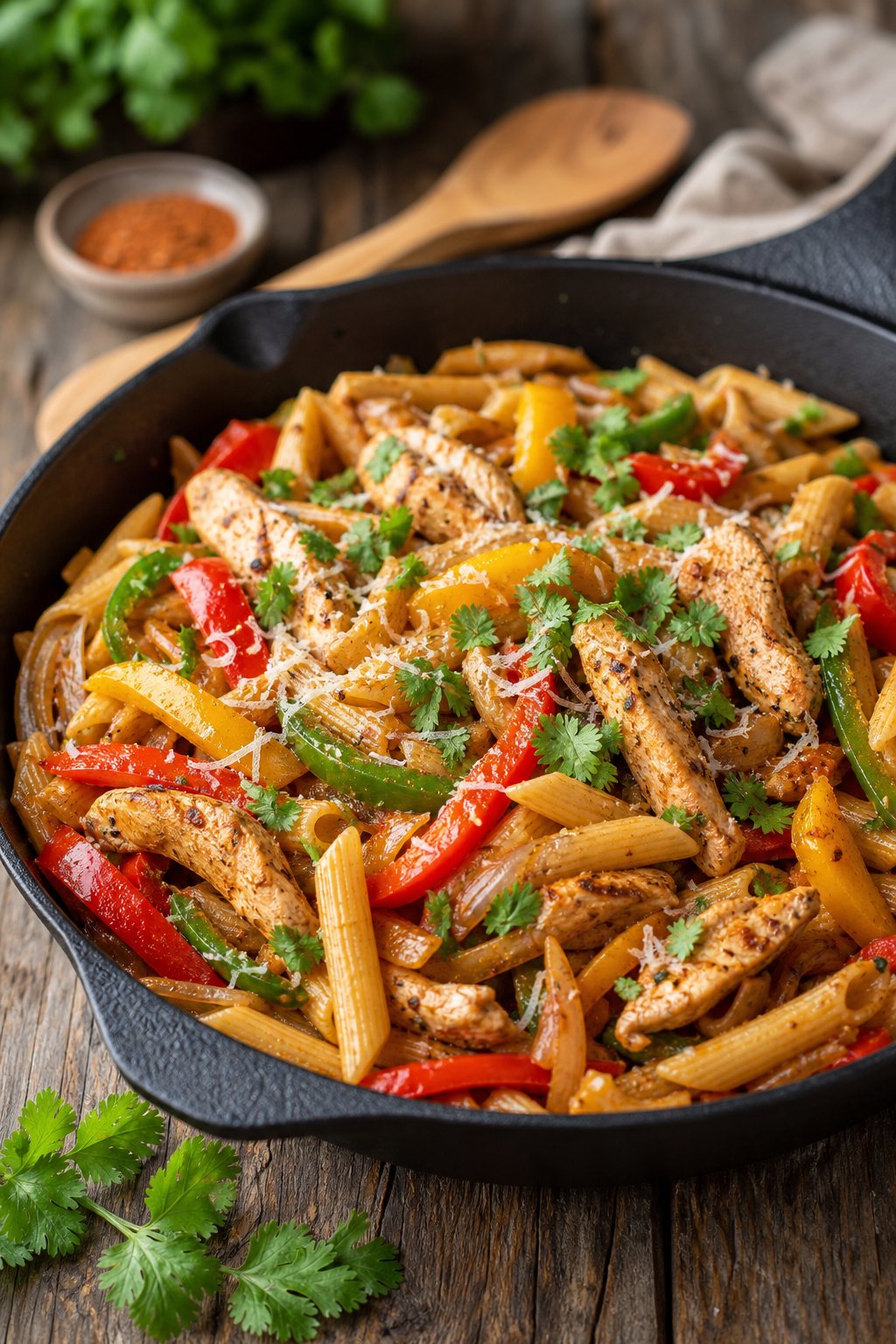 23 Pasta and Chicken Recipes You’ll Love to Make for Dinner! 8 A skillet filled with chicken fajita pasta, colorful bell peppers, onions, and garnished with fresh cilantro on a wooden table.