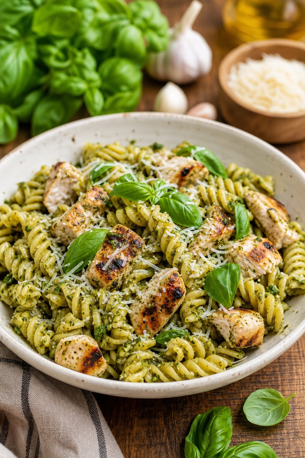 23 Pasta and Chicken Recipes You’ll Love to Make for Dinner! 9 A bowl of rotini pasta with pesto sauce and grilled chicken garnished with basil and Parmesan cheese on a wooden table.