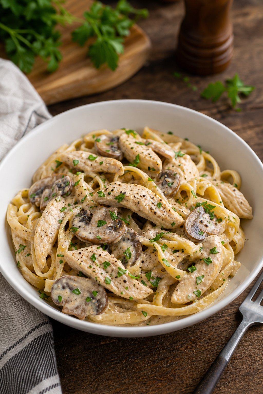 23 Pasta and Chicken Recipes You’ll Love to Make for Dinner! 10 A bowl of creamy mushroom chicken stroganoff pasta garnished with parsley on a wooden table.