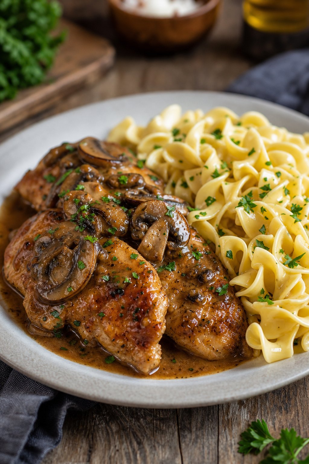 23 Pasta and Chicken Recipes You’ll Love to Make for Dinner! 11 A plate of Chicken Marsala with mushroom sauce served alongside buttered noodles on a wooden table.
