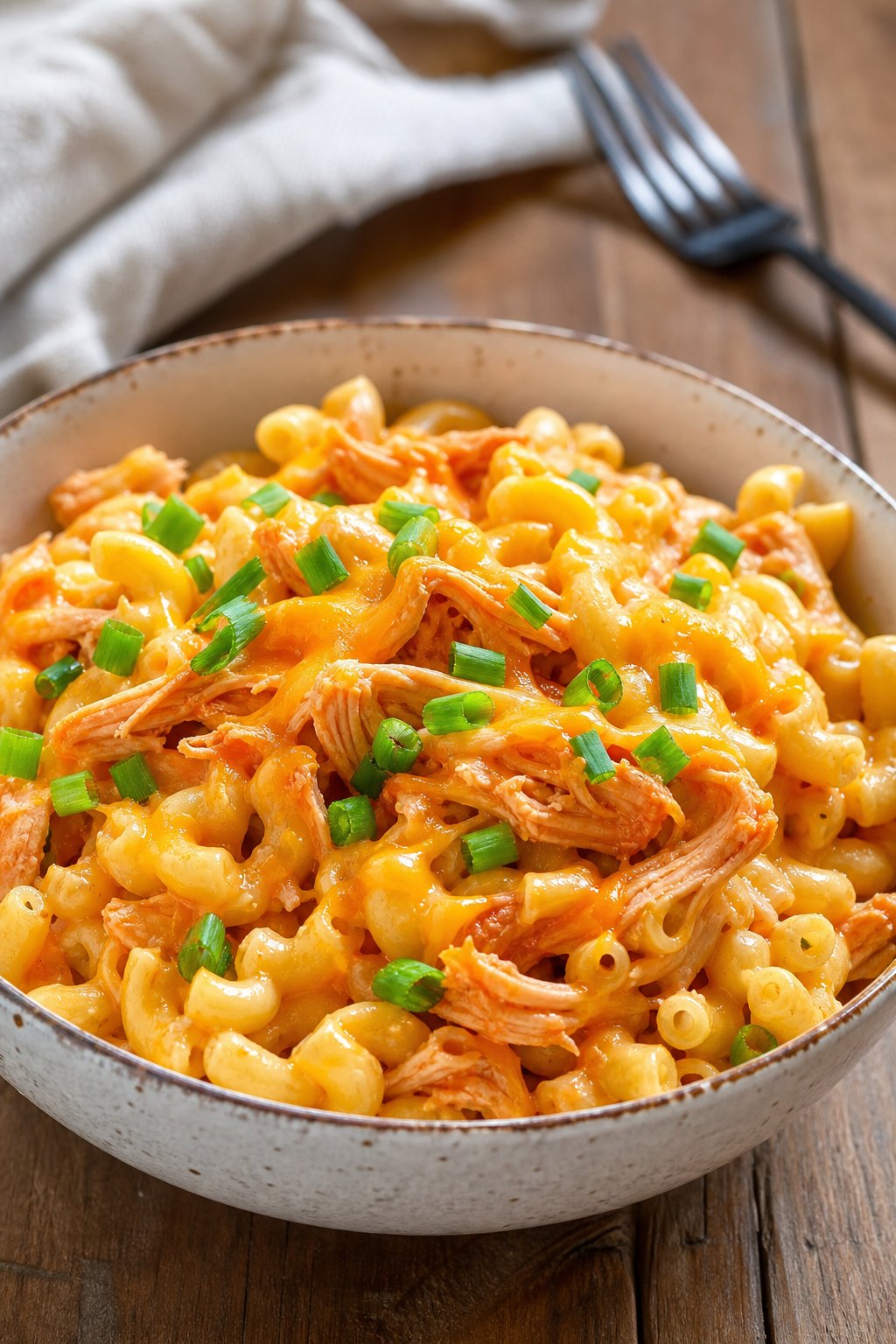 23 Pasta and Chicken Recipes You’ll Love to Make for Dinner! 12 A bowl of buffalo chicken mac and cheese garnished with green onions on a wooden table.