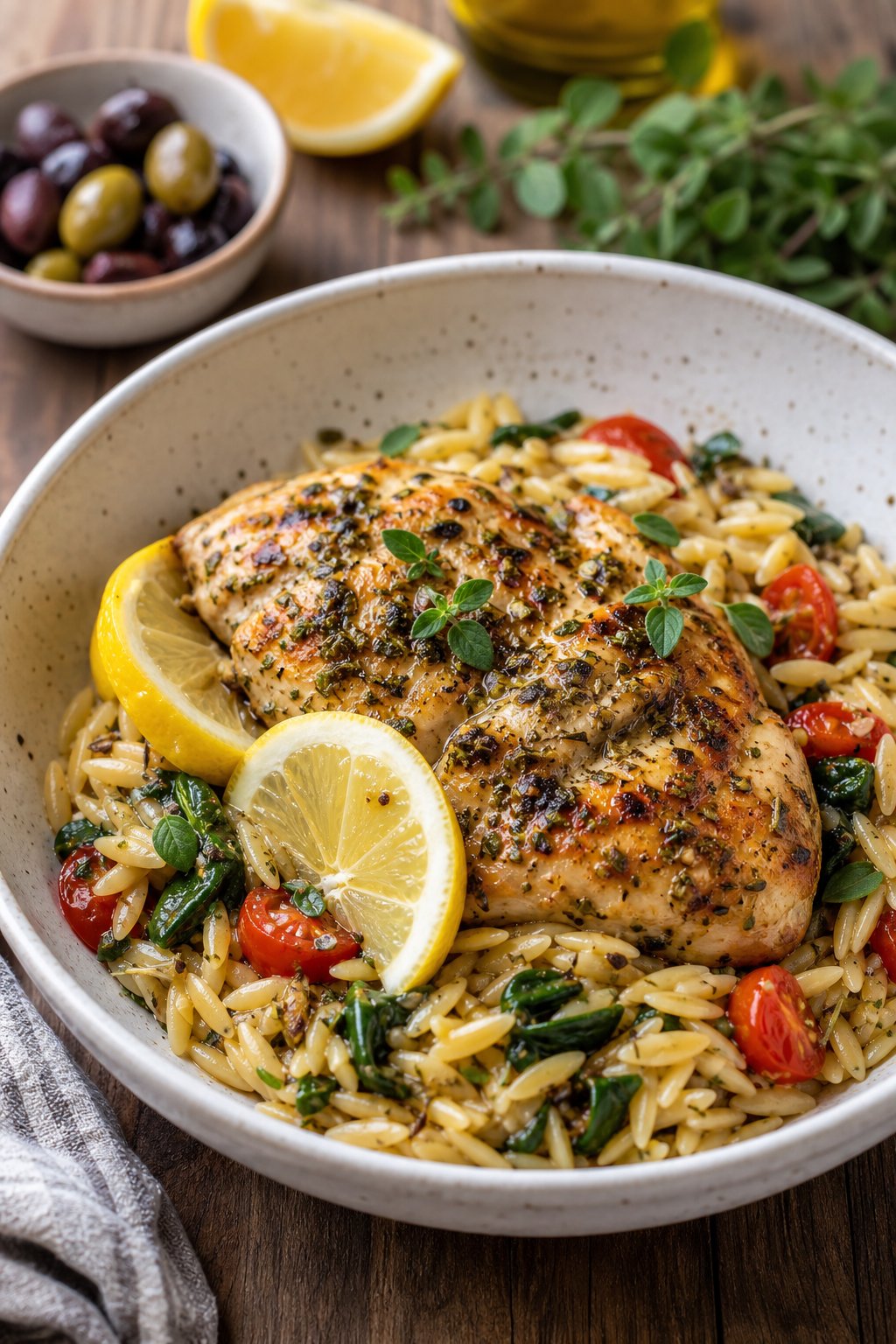 23 Pasta and Chicken Recipes You’ll Love to Make for Dinner! 13 A bowl of lemon-oregano chicken served on orzo pasta with fresh herbs and lemon slices on a wooden table.