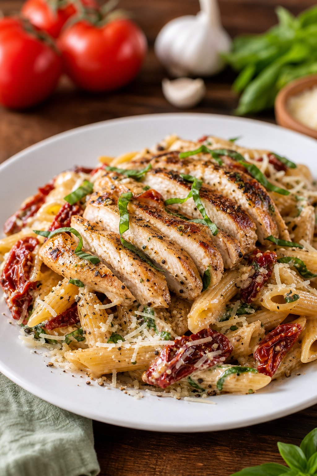 23 Pasta and Chicken Recipes You’ll Love to Make for Dinner! 14 Plate of sun-dried tomato chicken pasta with grilled chicken, sun-dried tomatoes, basil, and Parmesan cheese on a wooden table.