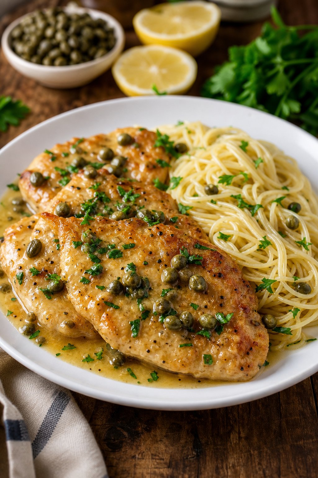 23 Pasta and Chicken Recipes You’ll Love to Make for Dinner! 15 A plate of Chicken Piccata served with angel hair pasta, garnished with lemon slices and fresh parsley on a wooden table.