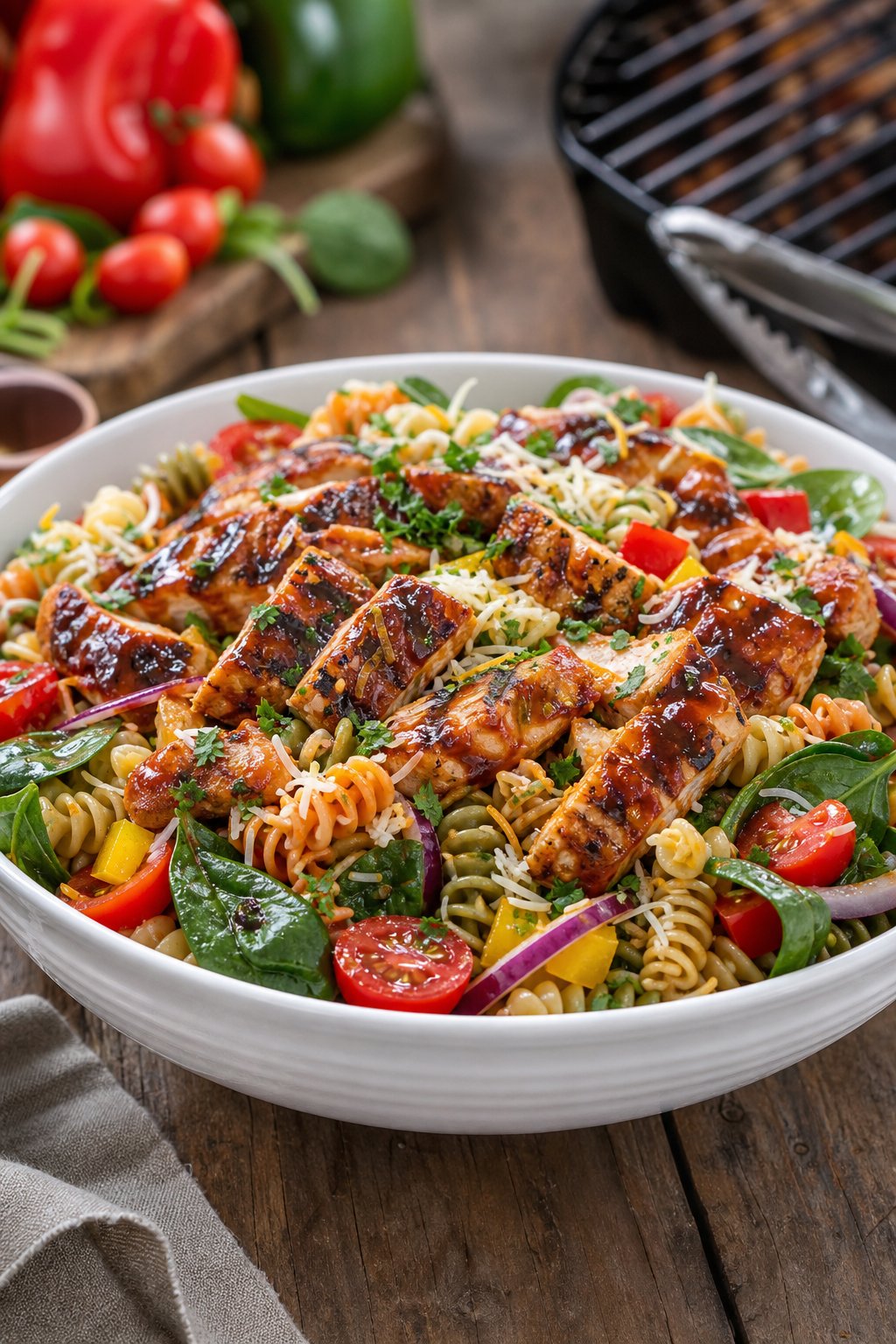 23 Pasta and Chicken Recipes You’ll Love to Make for Dinner! 16 A bowl of barbecue chicken pasta salad with colorful vegetables on a wooden table.