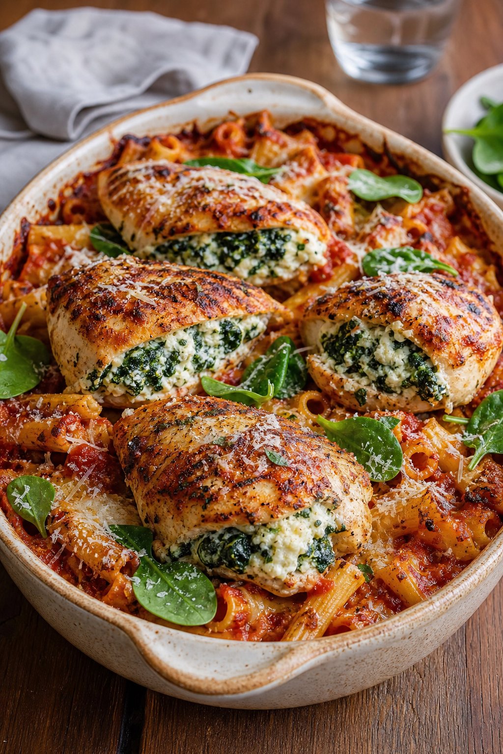 23 Pasta and Chicken Recipes You’ll Love to Make for Dinner! 17 A baked pasta dish with stuffed chicken breasts topped with melted cheese and spinach in a ceramic baking dish on a wooden table.