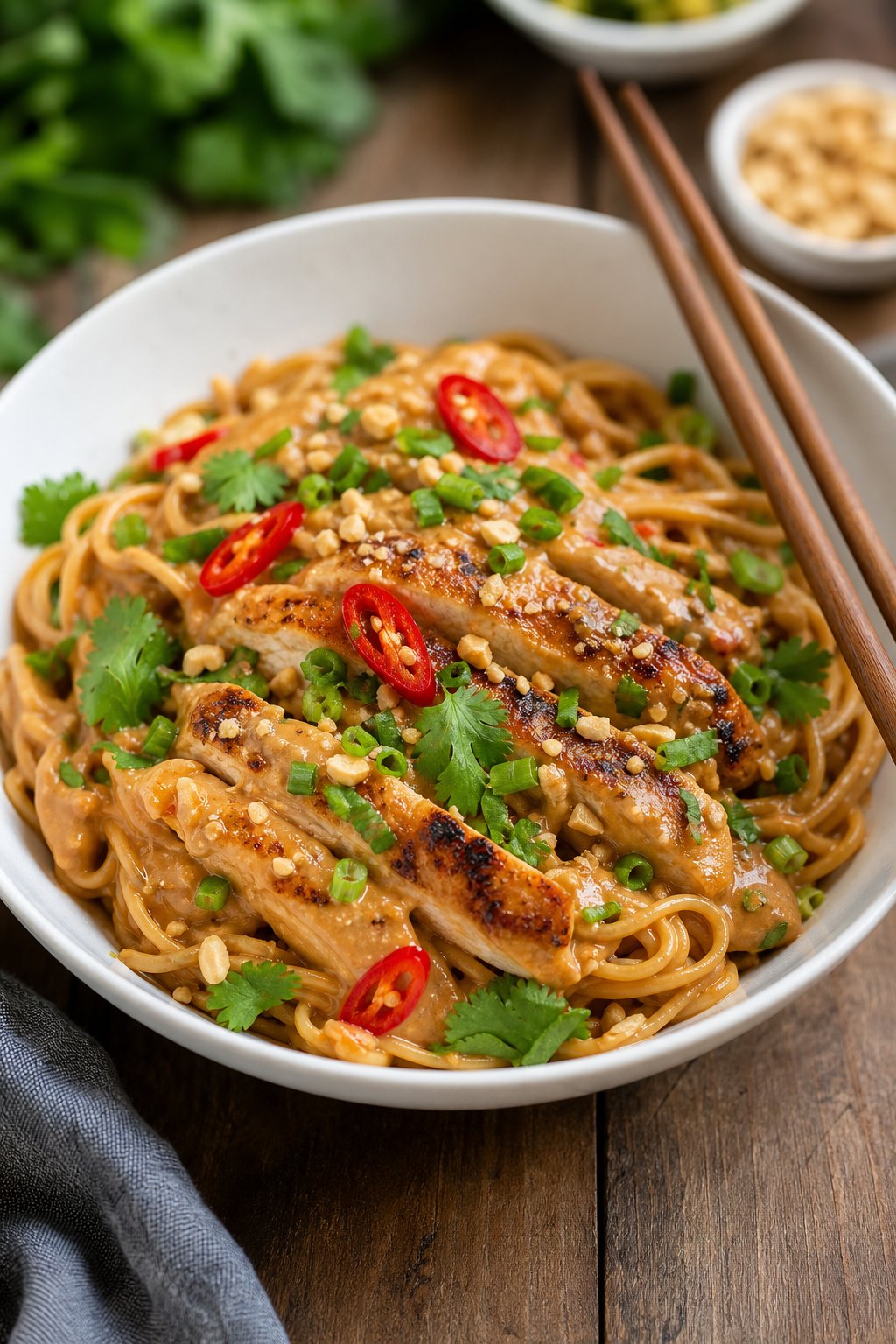23 Pasta and Chicken Recipes You’ll Love to Make for Dinner! 18 A bowl of Thai peanut chicken noodles garnished with green onions, crushed peanuts, cilantro, and red chili slices on a wooden table.