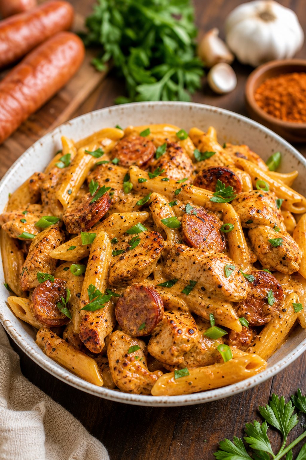 23 Pasta and Chicken Recipes You’ll Love to Make for Dinner! 19 A bowl of chicken and sausage Cajun pasta garnished with parsley on a wooden table with ingredients in the background.