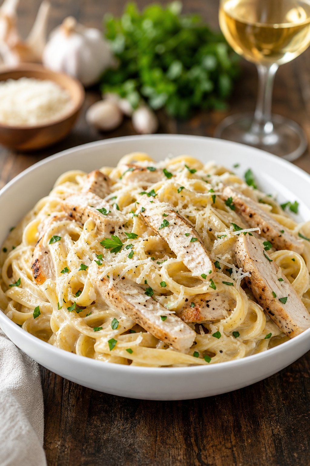 23 Pasta and Chicken Recipes You’ll Love to Make for Dinner! 20 A bowl of creamy chicken carbonara pasta made with turkey, garnished with parsley and Parmesan cheese on a wooden table.