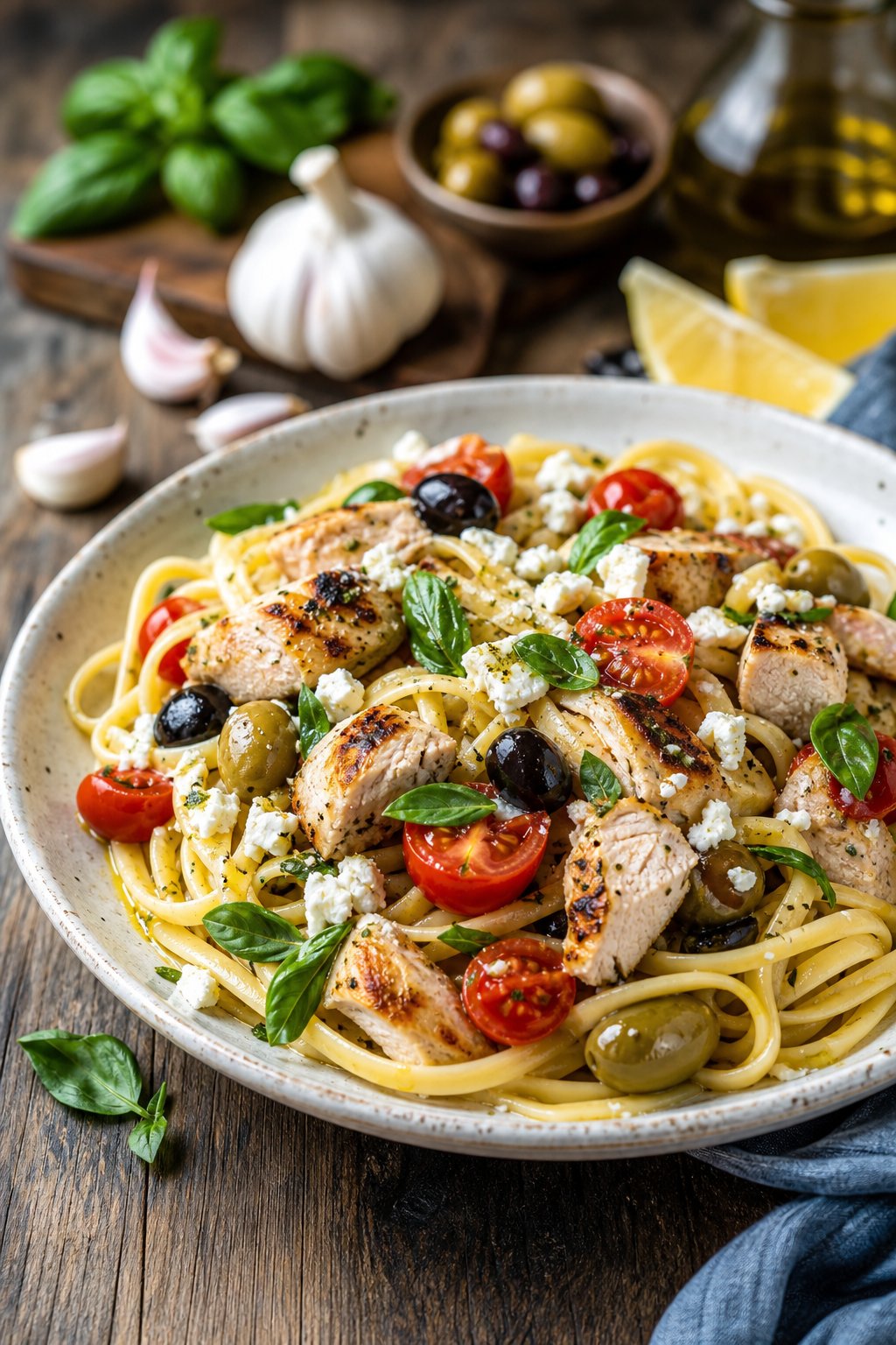 23 Pasta and Chicken Recipes You’ll Love to Make for Dinner! 21 A bowl of Mediterranean chicken pasta with olives, feta cheese, cherry tomatoes, and fresh basil on a wooden table.