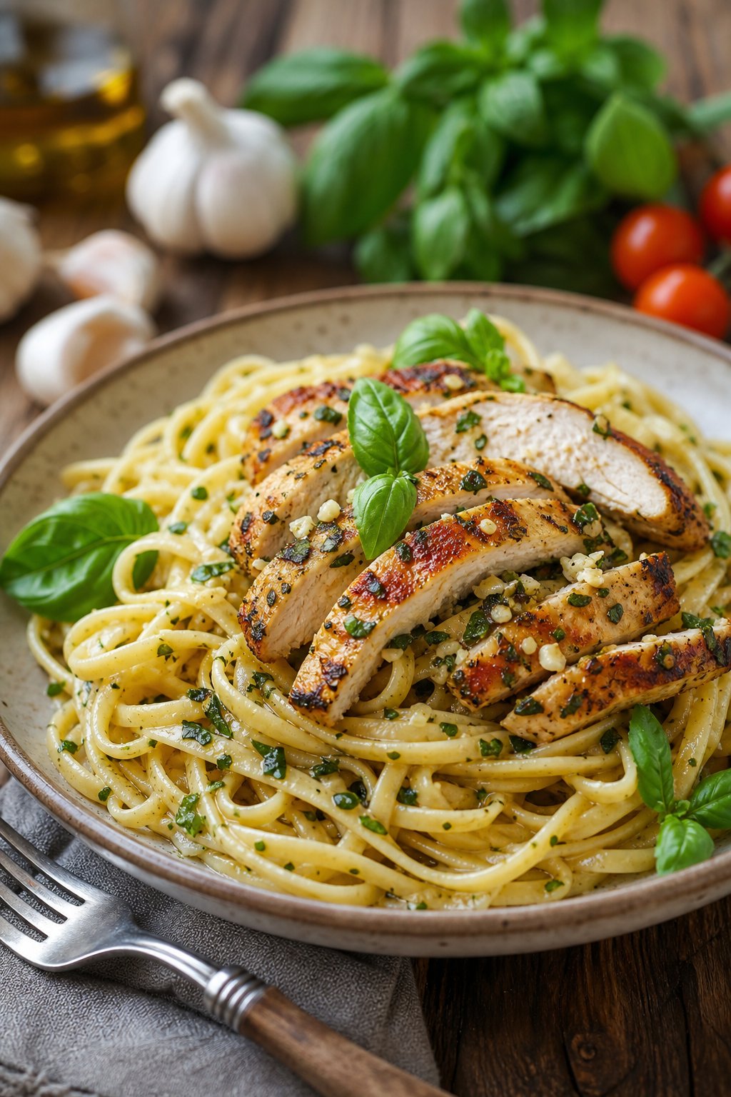 23 Pasta and Chicken Recipes You’ll Love to Make for Dinner! 22 A plate of garlic-basil chicken linguine with grilled chicken slices and fresh basil on a wooden table.