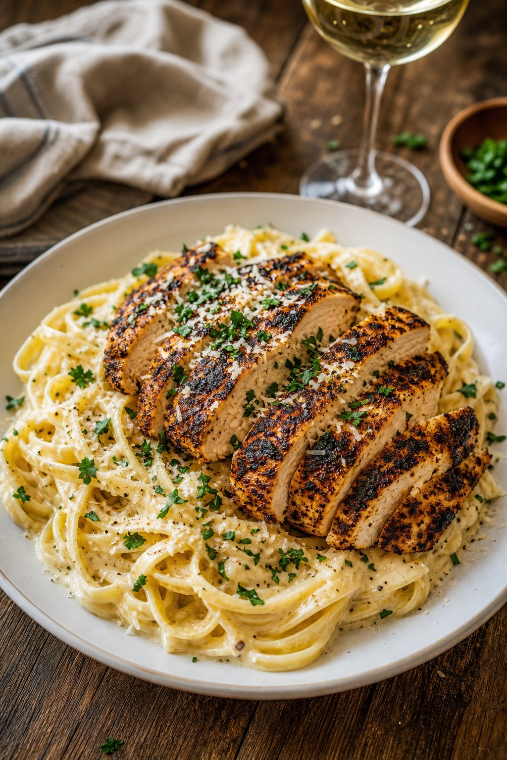 23 Pasta and Chicken Recipes You’ll Love to Make for Dinner! 23 A plate of creamy Alfredo pasta topped with slices of blackened Cajun chicken, garnished with parsley and Parmesan cheese on a wooden table.