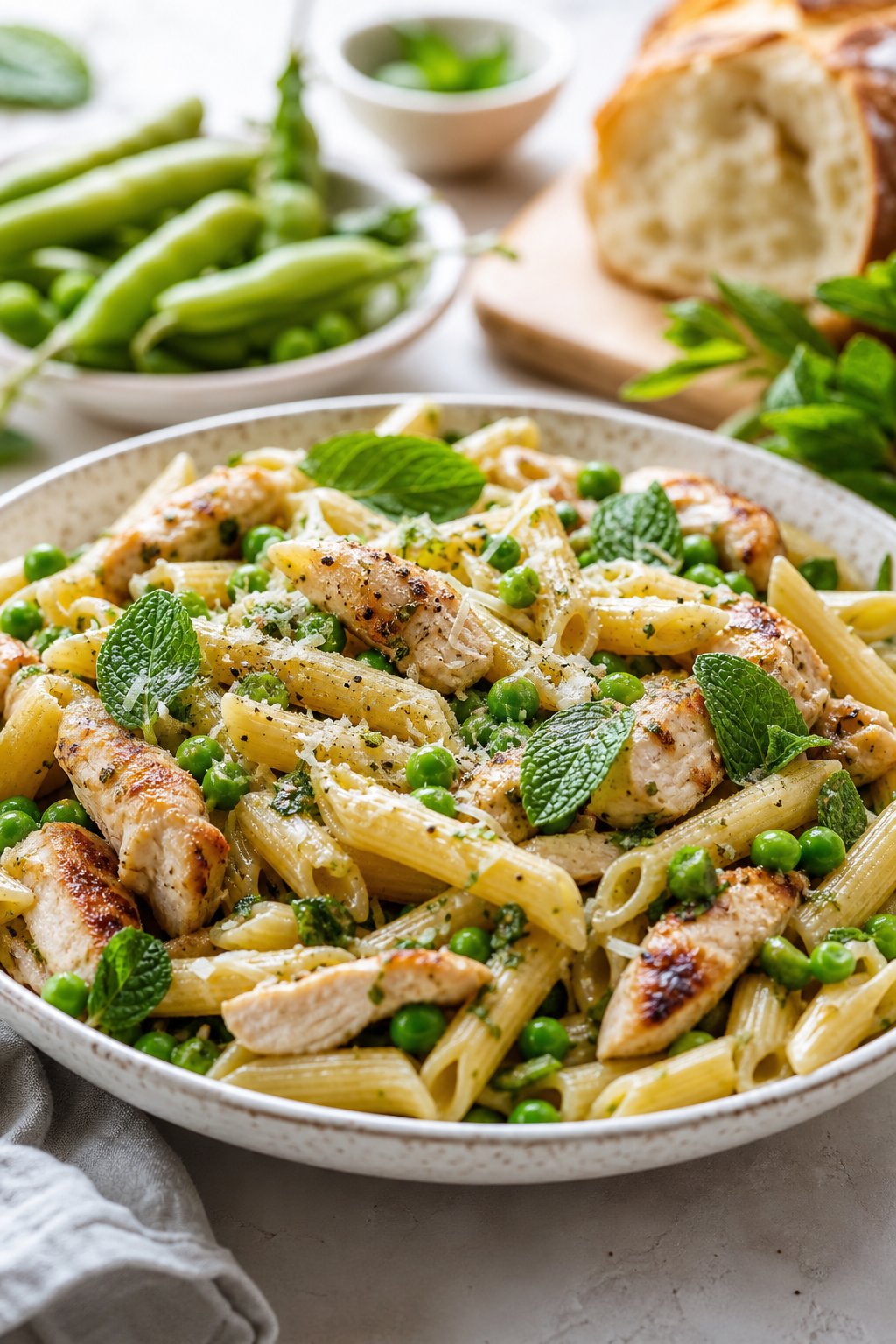 23 Pasta and Chicken Recipes You’ll Love to Make for Dinner! 24 A plate of pasta with grilled chicken, peas, and mint leaves on a kitchen table with fresh ingredients in the background.