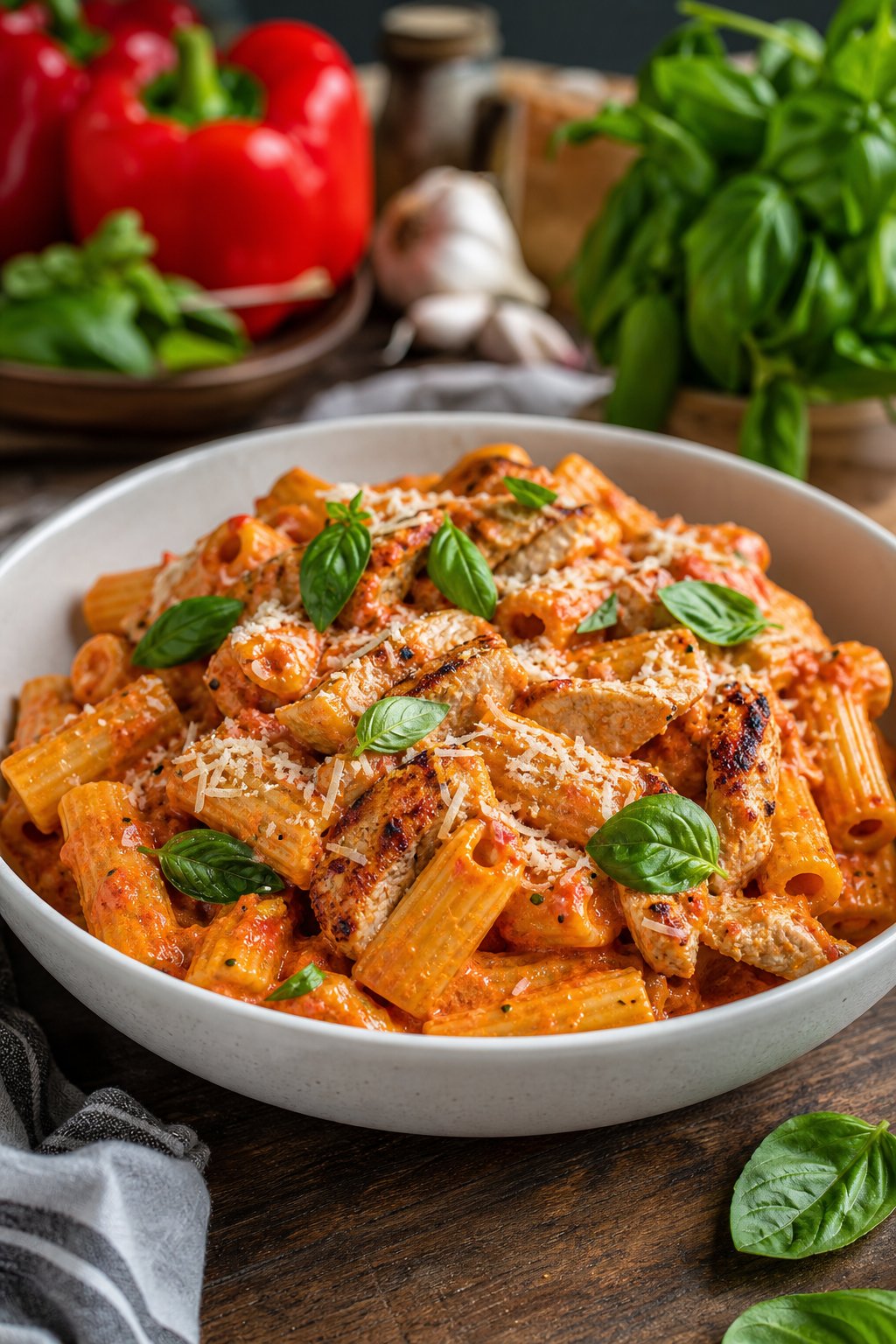 23 Pasta and Chicken Recipes You’ll Love to Make for Dinner! 25 A bowl of roasted red pepper chicken rigatoni pasta garnished with basil and Parmesan cheese on a wooden table.