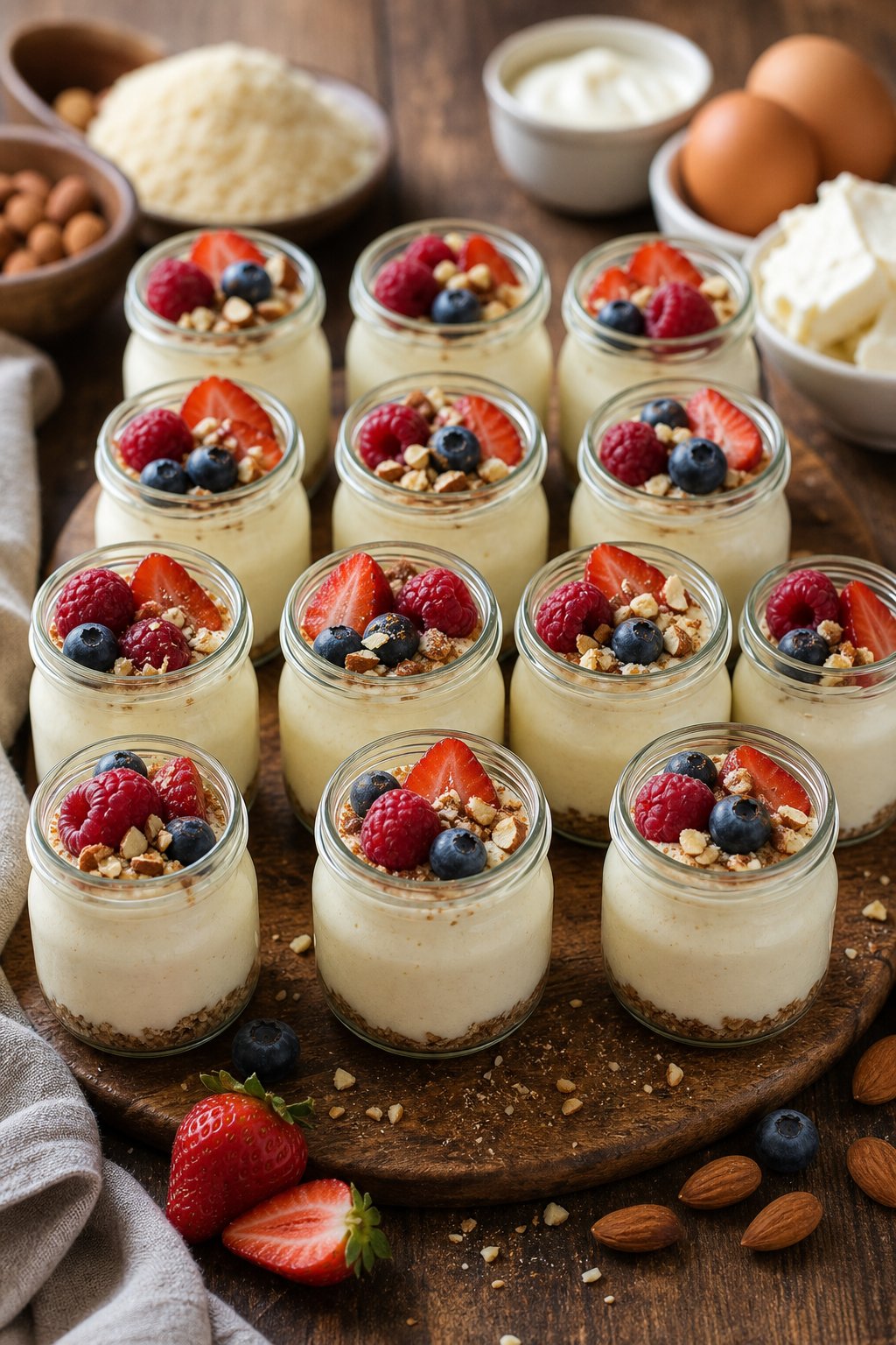 13 Keto Cheesecake Pudding Recipes That’ll Make You Forget You’re on a Diet 2 Thirteen small glass jars filled with creamy cheesecake pudding topped with fresh berries and nuts on a wooden table.