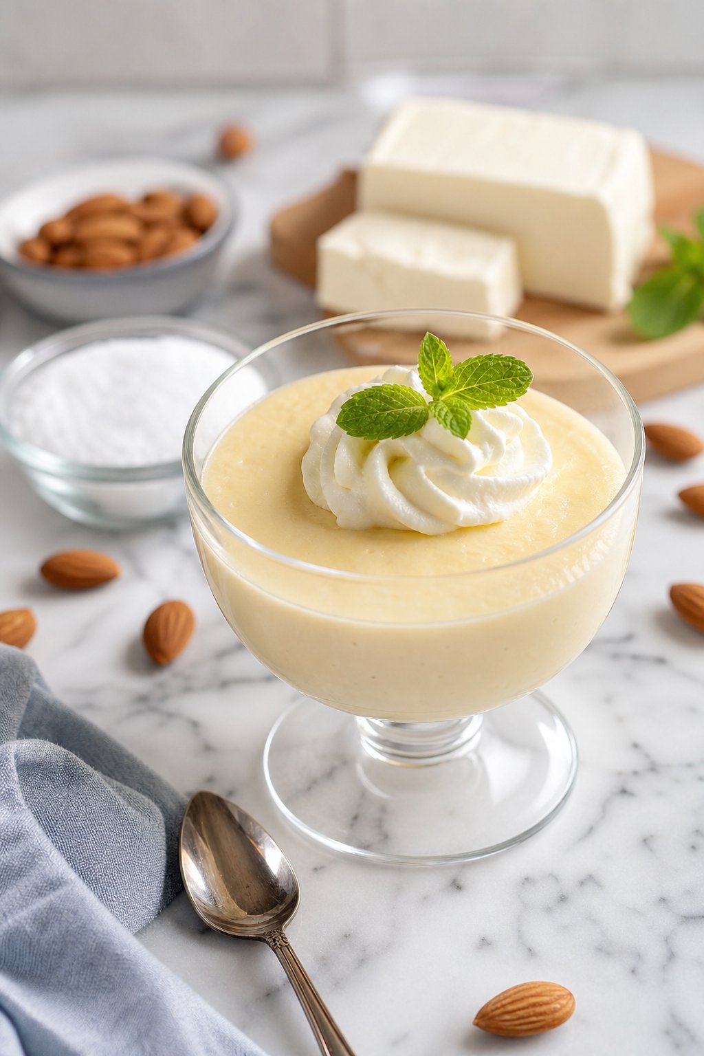 13 Keto Cheesecake Pudding Recipes That’ll Make You Forget You’re on a Diet 3 A glass cup filled with creamy cheesecake pudding topped with whipped cream and a mint leaf on a kitchen countertop with ingredients in the background.
