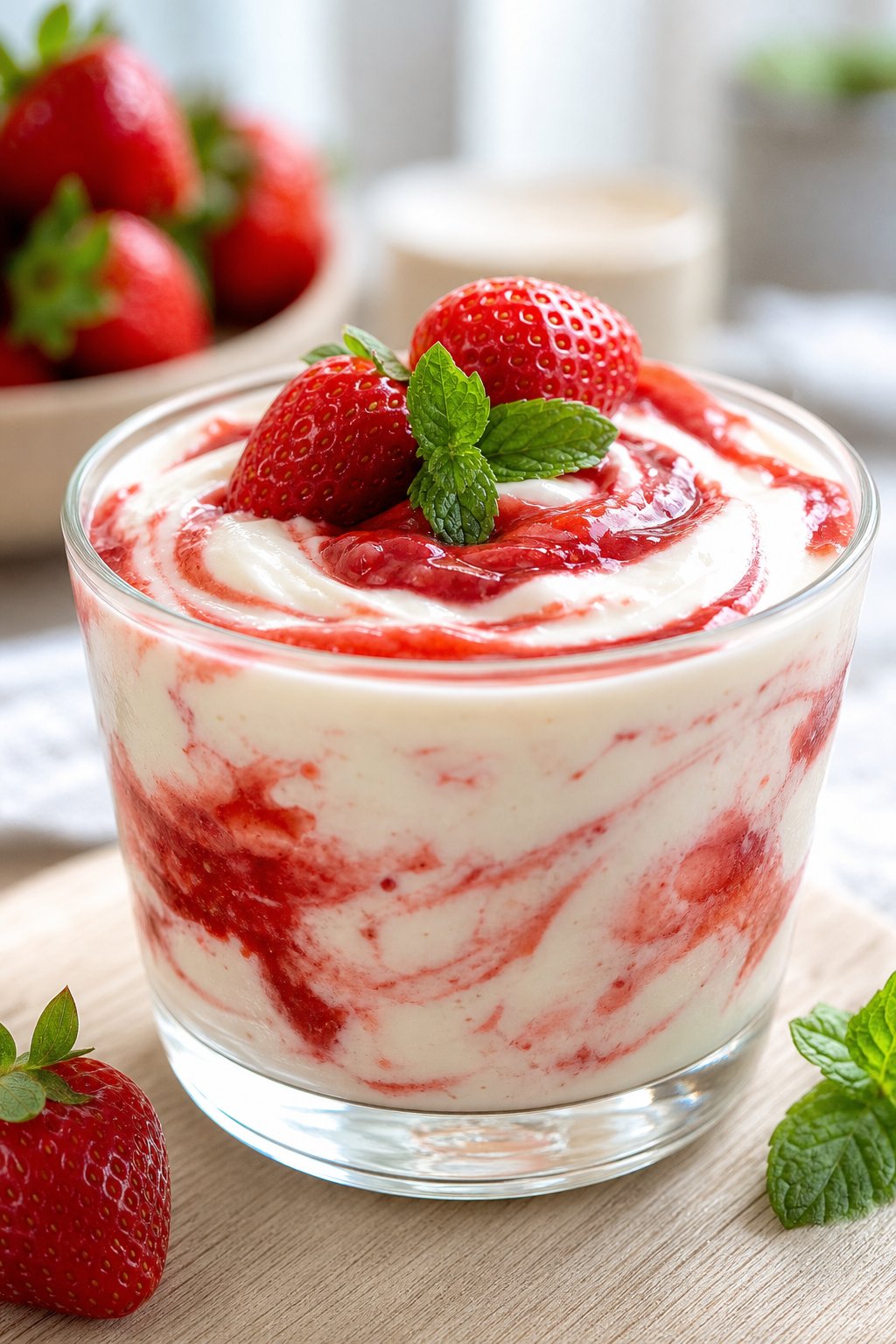13 Keto Cheesecake Pudding Recipes That’ll Make You Forget You’re on a Diet 4 A glass cup filled with creamy cheesecake pudding swirled with strawberry sauce, topped with fresh strawberries and mint on a wooden surface.