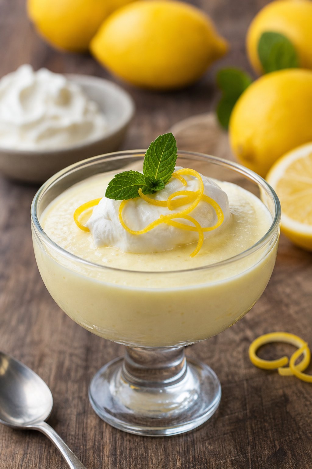 13 Keto Cheesecake Pudding Recipes That’ll Make You Forget You’re on a Diet 5 A bowl of creamy lemon cheesecake pudding topped with mascarpone, lemon zest, and a mint leaf on a wooden table.