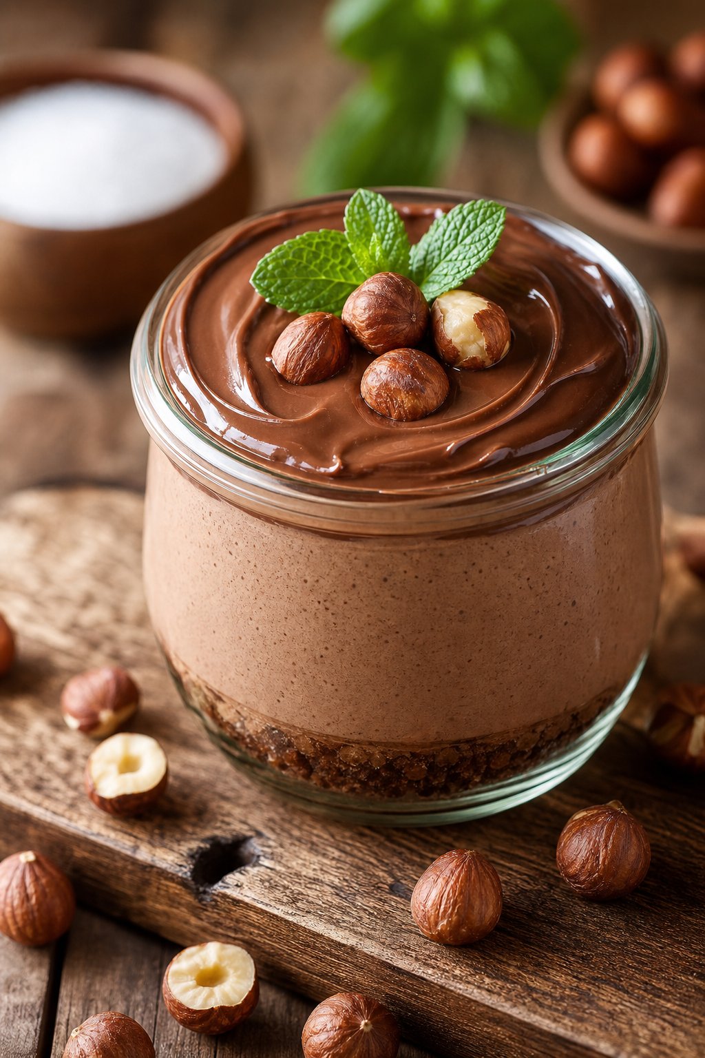 13 Keto Cheesecake Pudding Recipes That’ll Make You Forget You’re on a Diet 6 A glass jar filled with chocolate hazelnut keto cheesecake pudding topped with hazelnuts and a mint leaf on a wooden table.