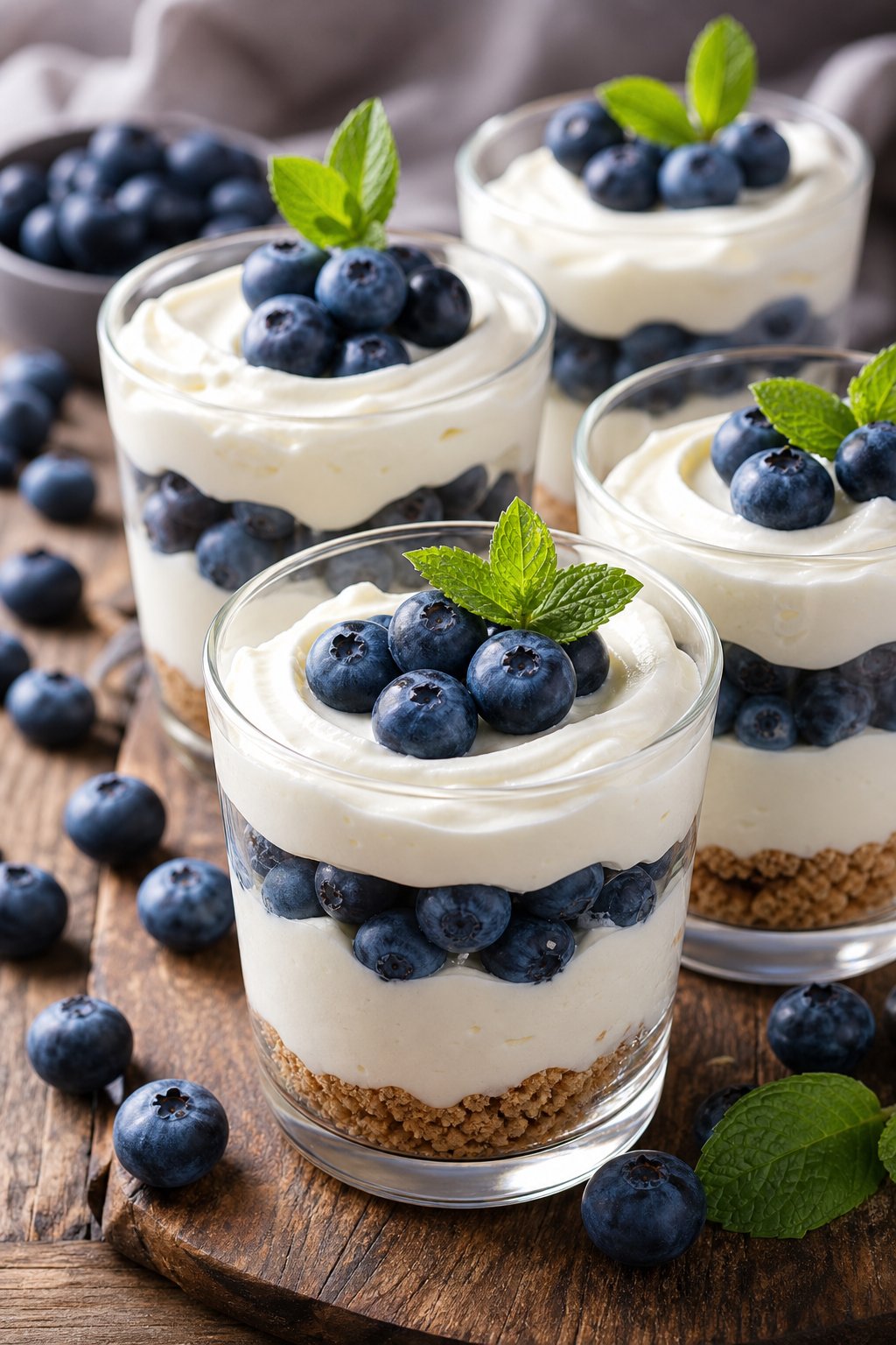 13 Keto Cheesecake Pudding Recipes That’ll Make You Forget You’re on a Diet 7 Several glass cups filled with creamy blueberry cheesecake pudding topped with fresh blueberries and mint, arranged on a wooden surface.