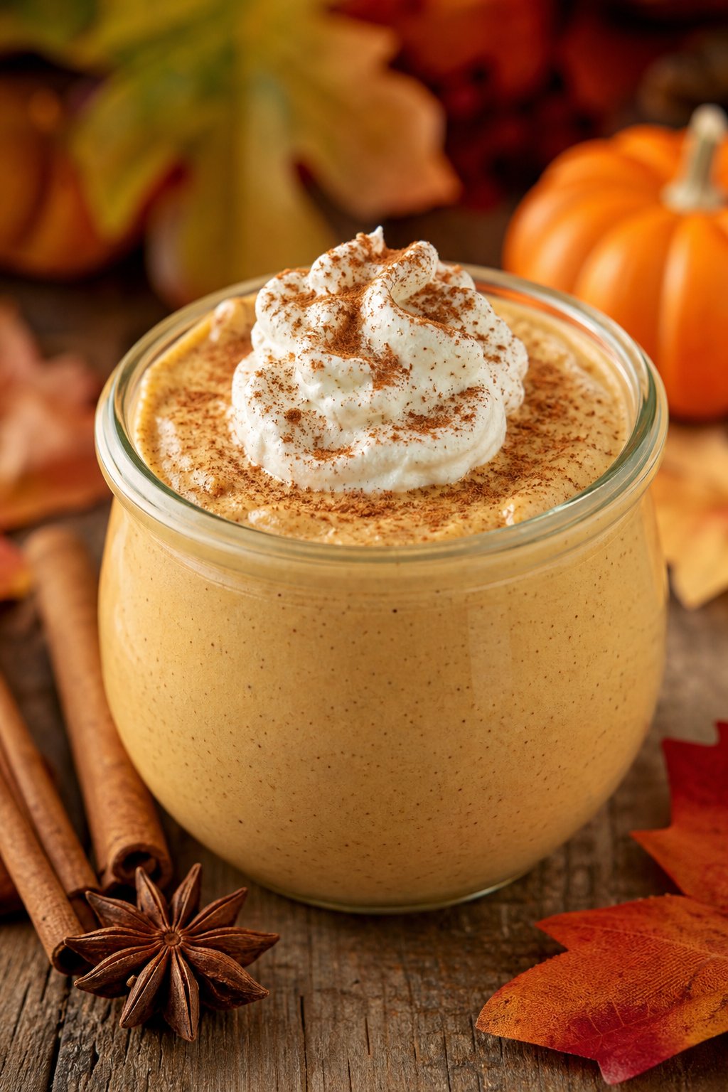 13 Keto Cheesecake Pudding Recipes That’ll Make You Forget You’re on a Diet 8 A glass jar filled with pumpkin spice cheesecake pudding topped with whipped cream and cinnamon, surrounded by autumn decorations on a wooden table.