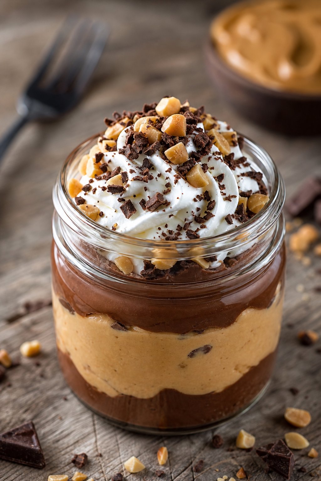 13 Keto Cheesecake Pudding Recipes That’ll Make You Forget You’re on a Diet 9 A glass jar filled with peanut butter chocolate cheesecake pudding topped with whipped cream and chocolate shavings on a wooden surface.