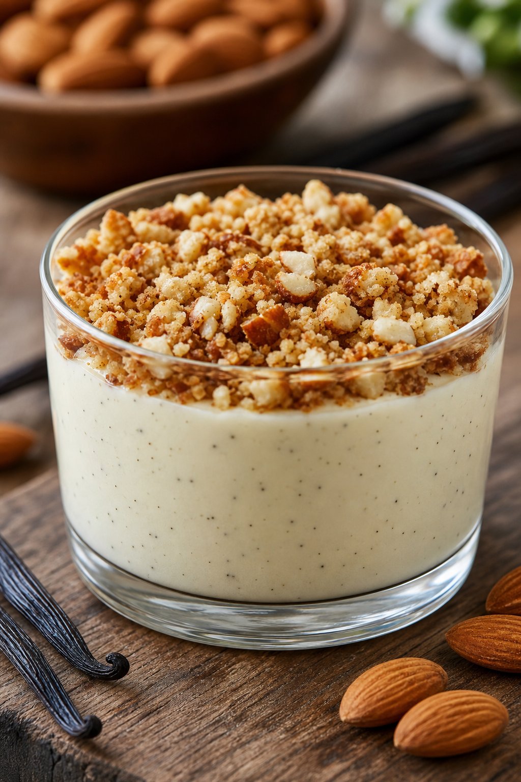 13 Keto Cheesecake Pudding Recipes That’ll Make You Forget You’re on a Diet 10 A glass cup filled with creamy vanilla bean cheesecake pudding topped with almond crust crumble on a wooden surface.
