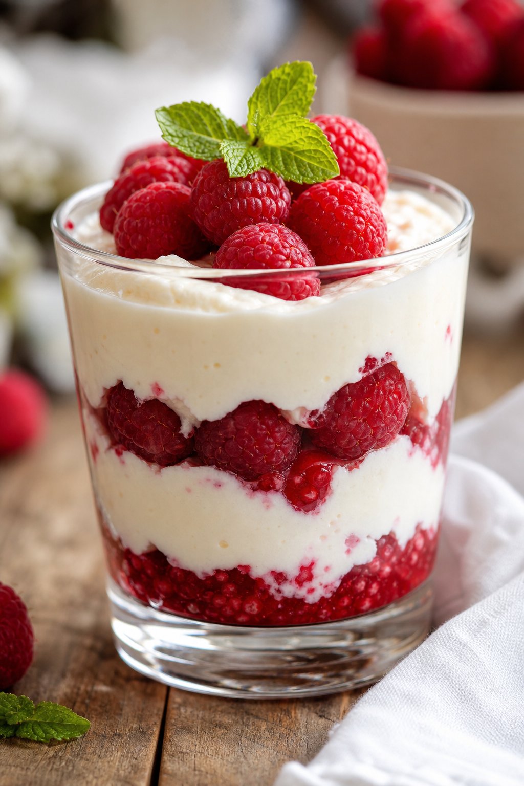 13 Keto Cheesecake Pudding Recipes That’ll Make You Forget You’re on a Diet 11 A glass cup filled with raspberry white chocolate keto cheesecake pudding topped with fresh raspberries and a mint leaf on a wooden table.